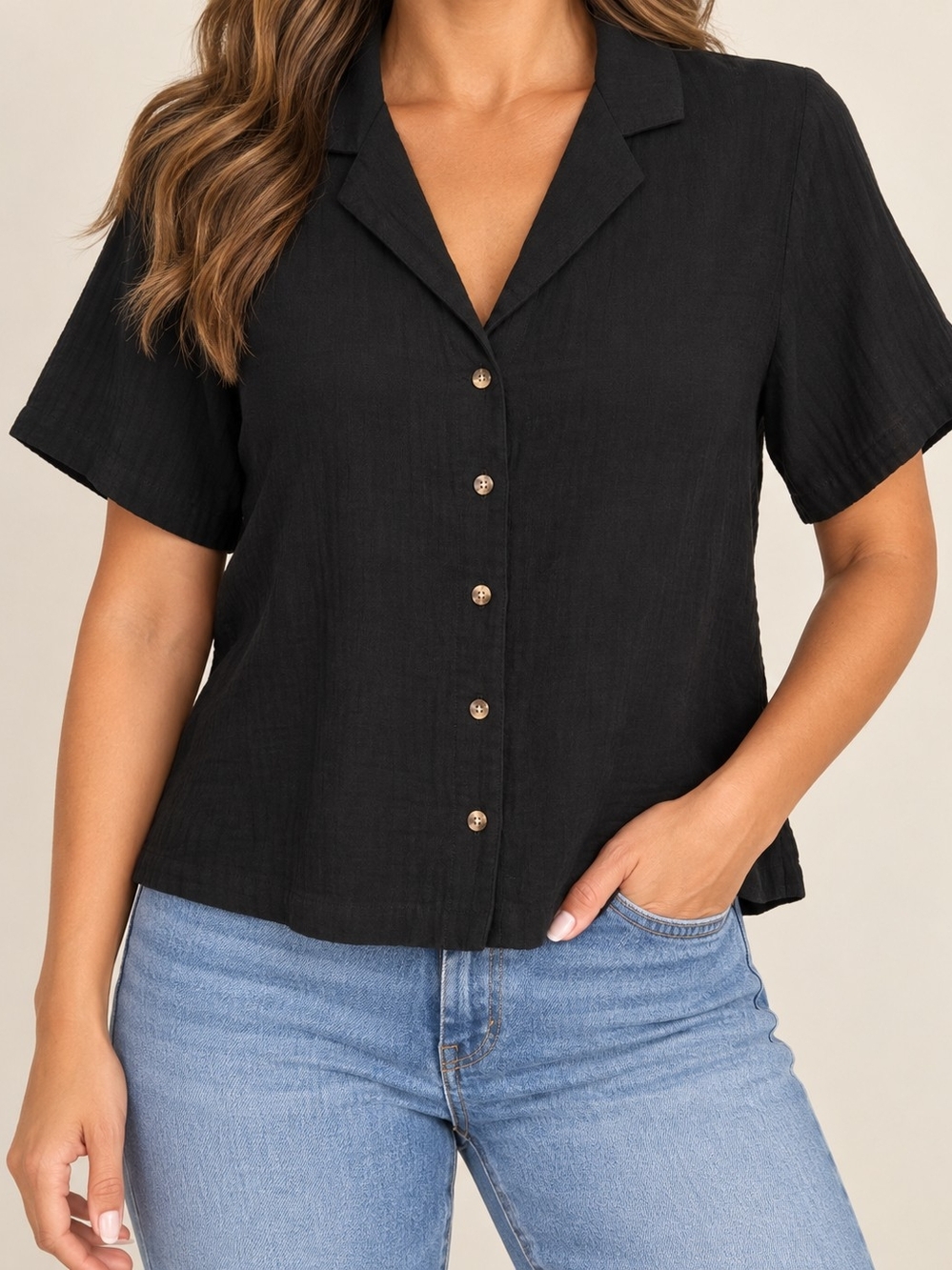 Old Navy Black 100% Cotton Button Front Short Sleeve Blouse Relaxed Minimalist